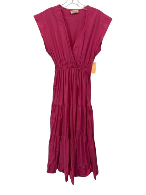 Sofia Size XS Hot pink Cotton Cap Sleeve V Neck Elastic Waist Midi Dress Hot pink / XS