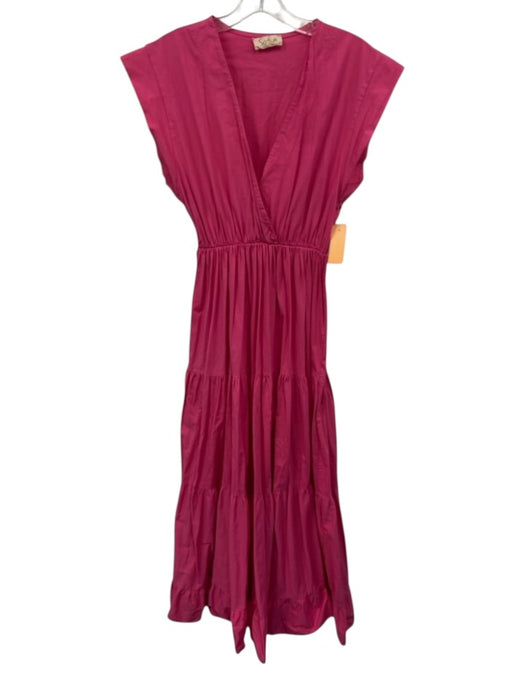 Sofia Size XS Hot pink Cotton Cap Sleeve V Neck Elastic Waist Midi Dress Hot pink / XS