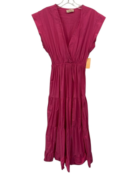 Sofia Size XS Hot pink Cotton Cap Sleeve V Neck Elastic Waist Midi Dress Hot pink / XS