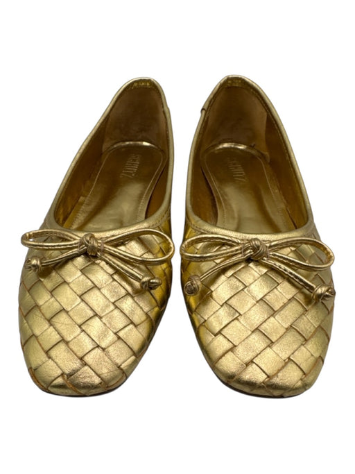Schutz Shoe Size 6 Gold Leather Woven Bow Detail Square Toe Flats Gold / 6