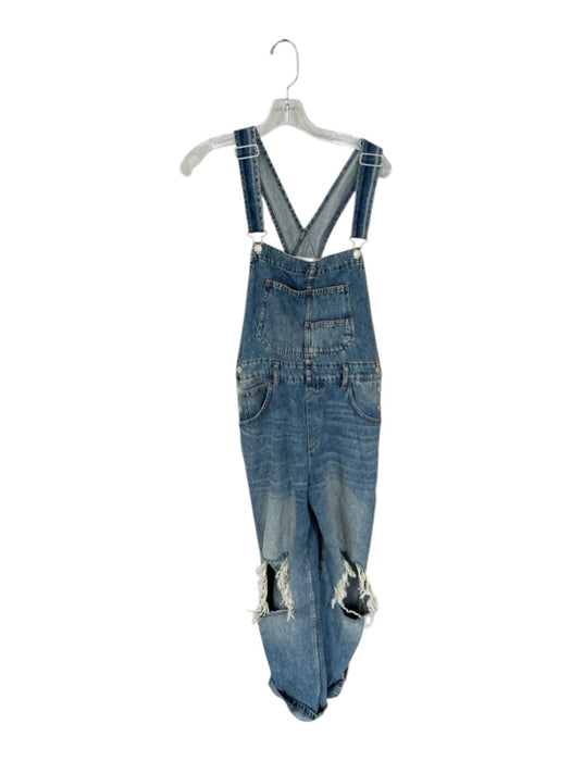 We The Free Size S Med Light Wash Cotton Distressed Wide Leg Denim Overalls Med Light Wash / S