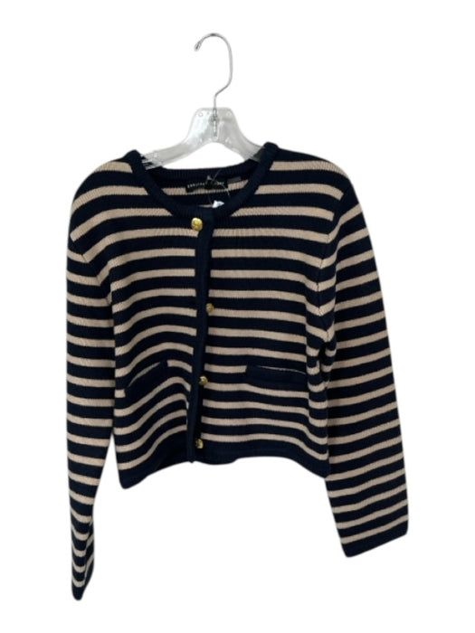 English Factory Size L Tan & Navy Polyester Blend Knit Striped Buttons Sweater Tan & Navy / L