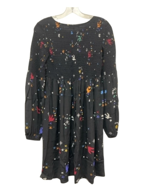 Maje Size 1 Black & Multi Viscose Long Sleeve Doodle Smocked Bodice Dress Black & Multi / 1