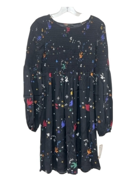 Maje Size 1 Black & Multi Viscose Long Sleeve Doodle Smocked Bodice Dress Black & Multi / 1