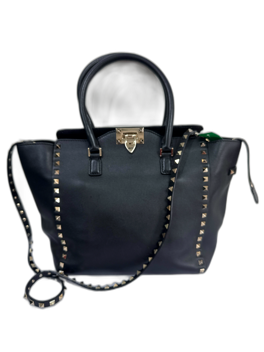 Valentino Garavani Black & Gold Leather Rockstud Turn Lock Tote Bag Black & Gold / M