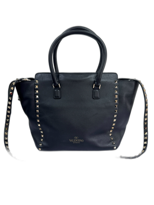 Valentino Garavani Black & Gold Leather Rockstud Turn Lock Tote Bag Black & Gold / M