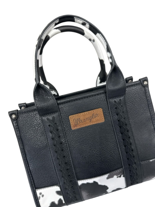 Wrangler Black Leather Top Handles Whipstitch Cow Print Bag Black