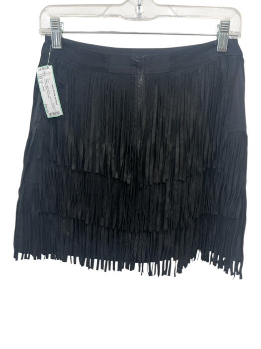Alice + Olivia Size 4 Black Goat Leather Tassels Back Zip Knee Length Skirt Black / 4