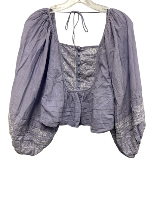 Anthropologie Size S Periwinkle Blue Cotton Long puff sleeve Embroidered Top Periwinkle Blue / S