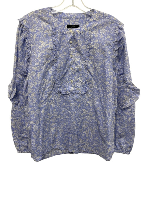 J Crew Size M Blue & White Cotton Long puff sleeve Floral Print 1/4 Button Top Blue & White / M