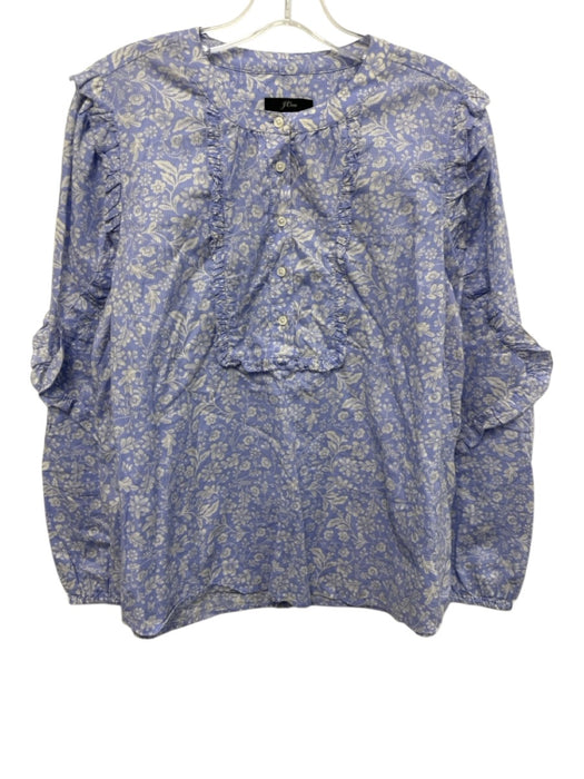 J Crew Size M Blue & White Cotton Long puff sleeve Floral Print 1/4 Button Top Blue & White / M