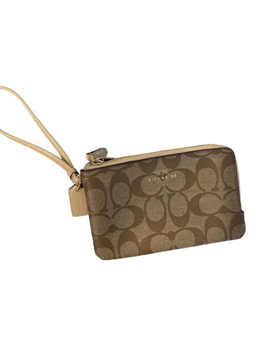 Coach Beige Leather Canvas double zip Double Side Wrist Strap Wallets Beige