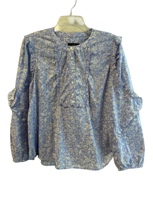 J Crew Size M Blue Cotton Floral Long Sleeve Button Up Ruffle Detail Top Blue / M
