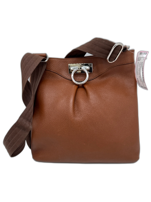 Salvatore Ferragamo Brown Leather Textile Strap Silver Tone Hardware Bag Brown