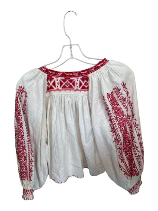 Free People Size M White & Red Cotton Long Balloon Sleeve V Neck Top White & Red / M