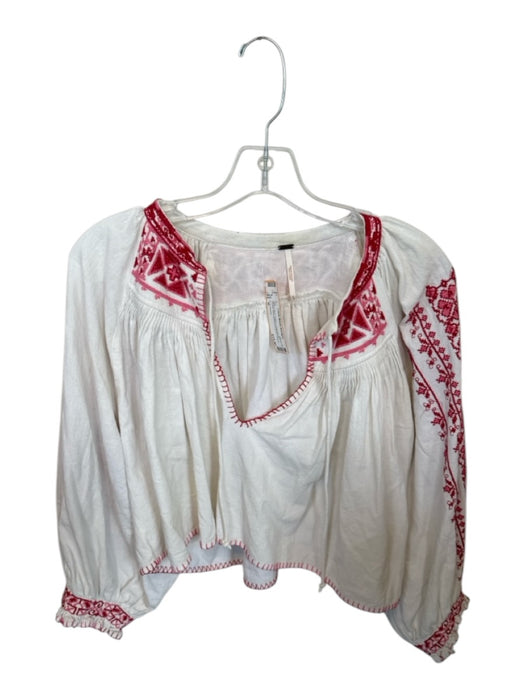 Free People Size M White & Red Cotton Long Balloon Sleeve V Neck Top White & Red / M
