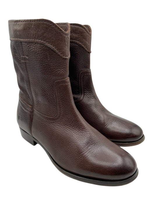 Frye Shoe Size 8 Dark Brown Leather Round Toe Stacked Heel Booties Dark Brown / 8