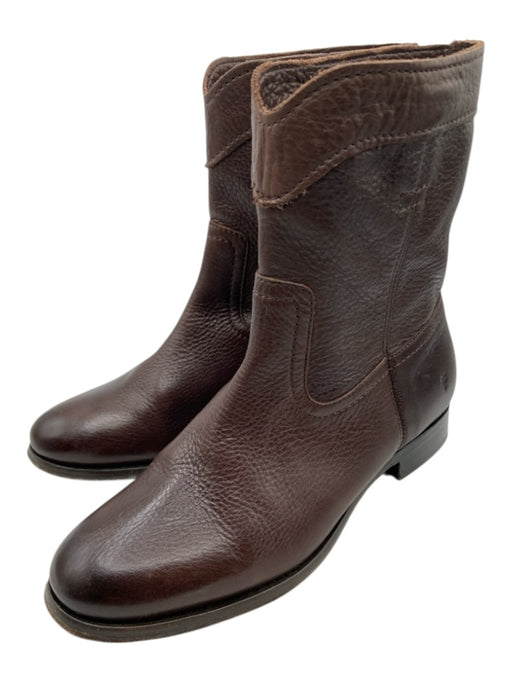 Frye Shoe Size 8 Dark Brown Leather Round Toe Stacked Heel Booties Dark Brown / 8