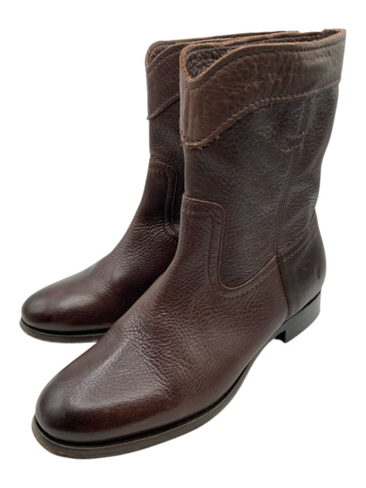 Frye Shoe Size 8 Dark Brown Leather Round Toe Stacked Heel Booties Dark Brown / 8