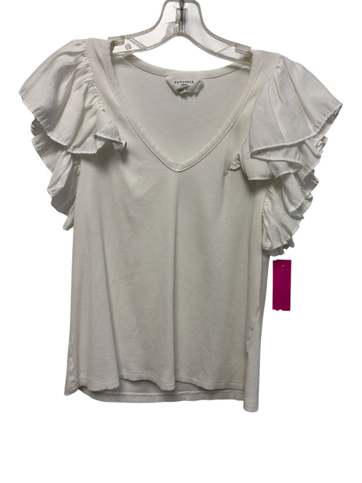 Pomander Place Size M White Rayon Ruffle Cap Sleeve Ribbed V Neck Top White / M