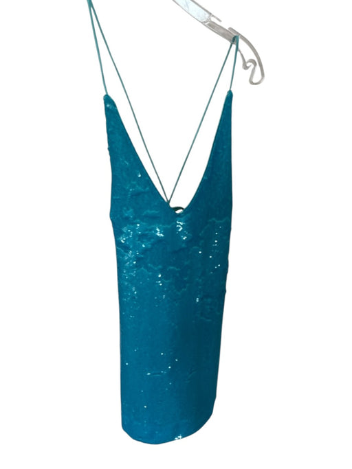 Ganni Size 36 Teal Sequin Spaghetti Strap Mini V Neck Dress Teal / 36