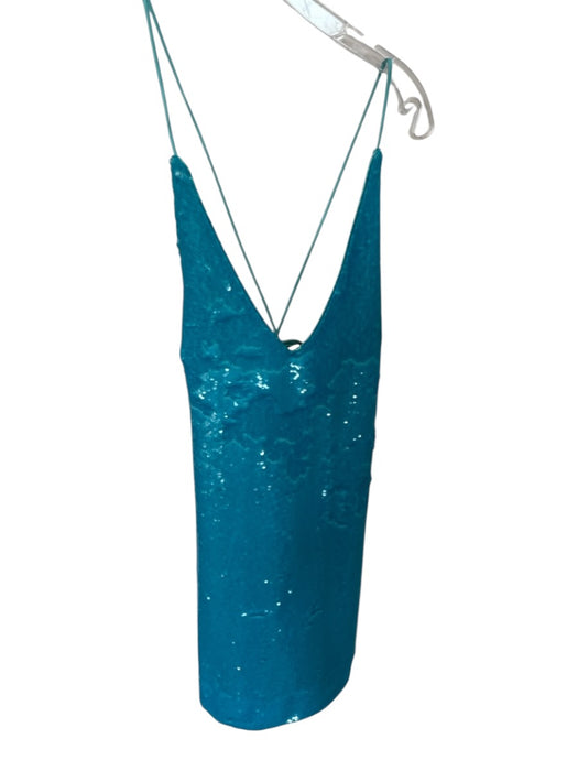 Ganni Size 36 Teal Sequin Spaghetti Strap Mini V Neck Dress — Labels Resale Boutique