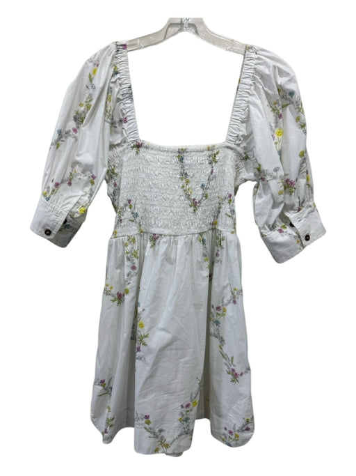 Ganni Size 42 White, Green & Yellow Cotton Square Neck Smocked Bodice Dress White, Green & Yellow / 42