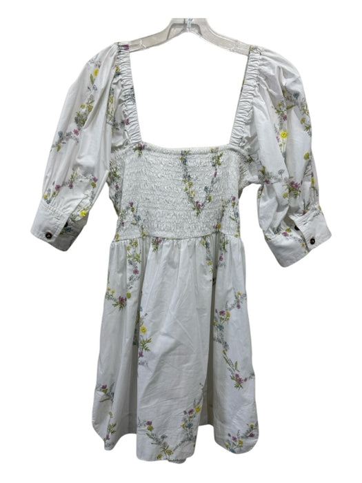 Ganni Size 42 White, Green & Yellow Cotton Square Neck Smocked Bodice Dress White, Green & Yellow / 42