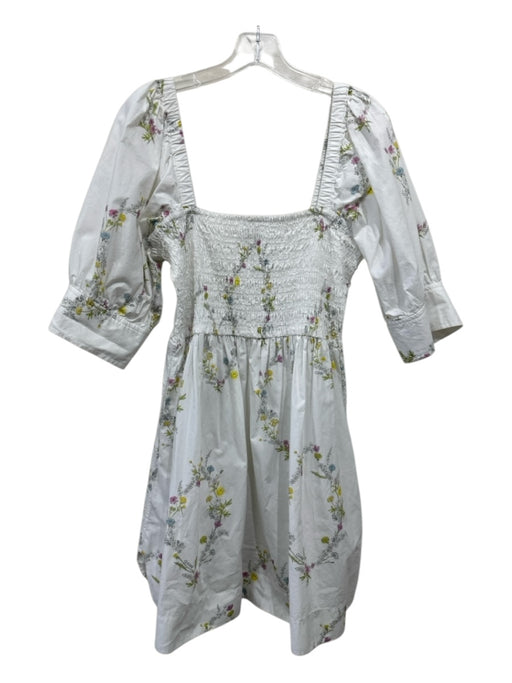 Ganni Size 42 White, Green & Yellow Cotton Square Neck Smocked Bodice Dress White, Green & Yellow / 42