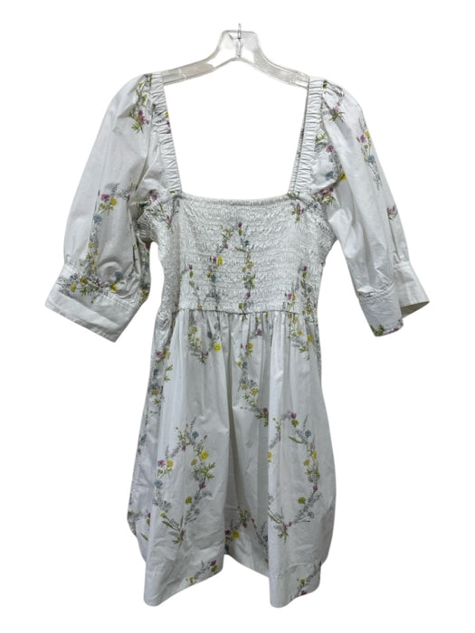 Ganni Size 42 White, Green & Yellow Cotton Square Neck Smocked Bodice Dress White, Green & Yellow / 42