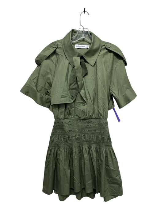 Self-Portrait Size 10 Khaki Green Cotton Short Sleeve Smocked Waist Trench Dress Khaki Green / 10