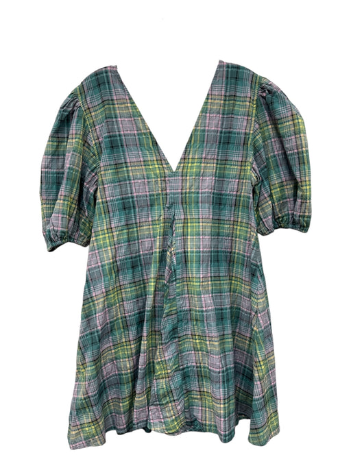 Ganni Size 38 Pink, Green, Yellow Cotton & Polyester Short Puff Sleeve Dress Pink, Green, Yellow / 38