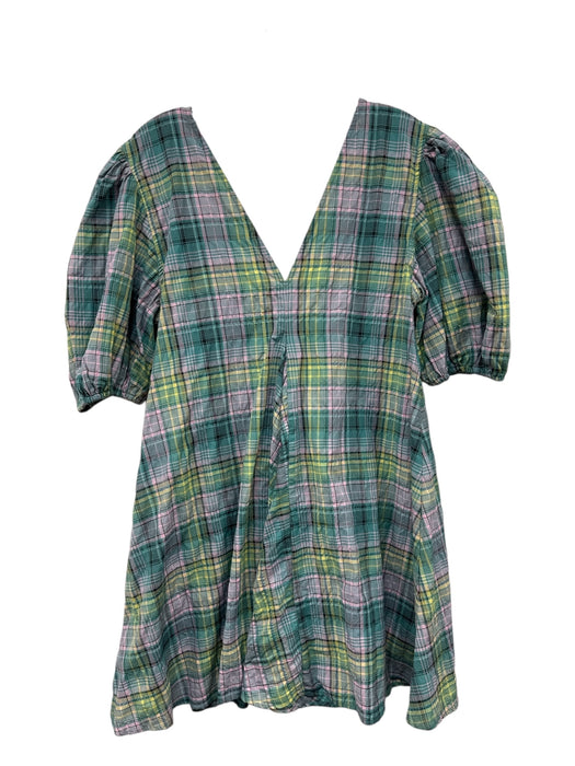 Ganni Size 38 Pink, Green, Yellow Cotton & Polyester Short Puff Sleeve Dress Pink, Green, Yellow / 38