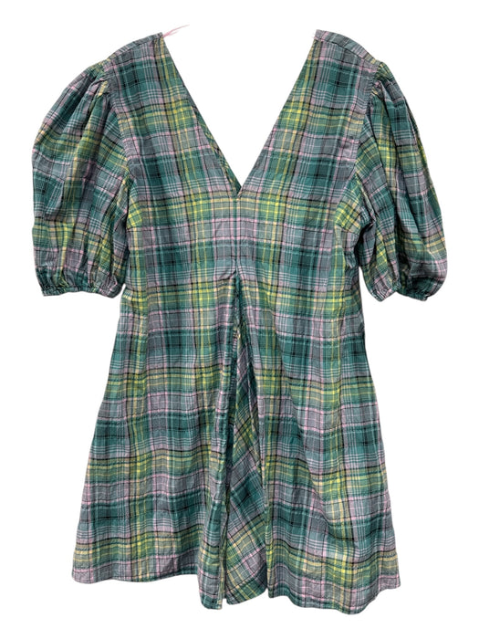 Ganni Size 38 Pink, Green, Yellow Cotton & Polyester Short Puff Sleeve Dress Pink, Green, Yellow / 38