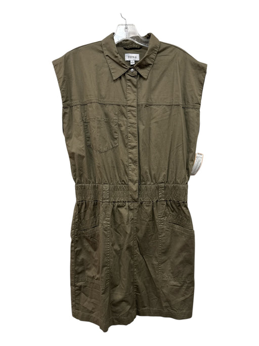 Pistola Size L Olive Green Cotton Short Sleeve Snap Up Elastic Waist Mini Dress Olive Green / L