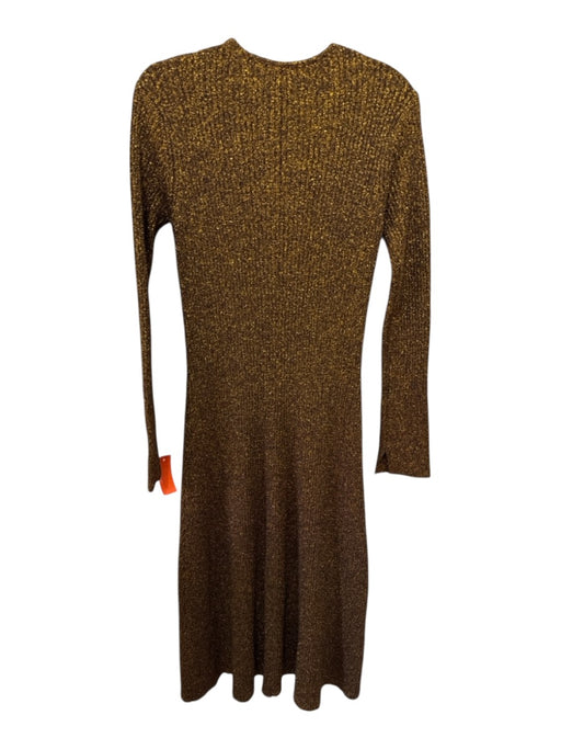 Ganni Size Large Brown & Yellow Print Viscose Front Zip Shimmer Ribbed Dress Brown & Yellow Print / Large