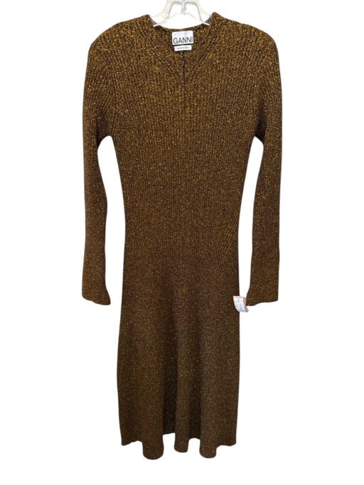 Ganni Size Large Brown & Yellow Print Viscose Front Zip Shimmer Ribbed Dress Brown & Yellow Print / Large