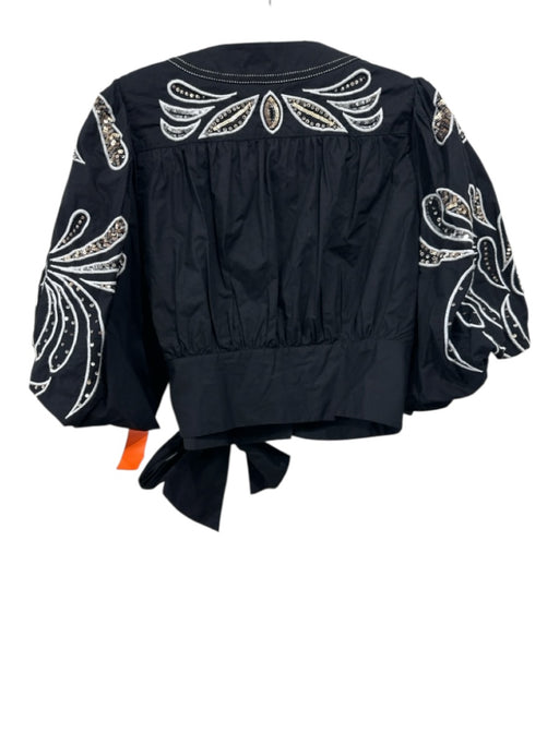 Figue Size M Black & White Cotton Embroidered Sequined Puff 3/4 Sleeve Top Black & White / M