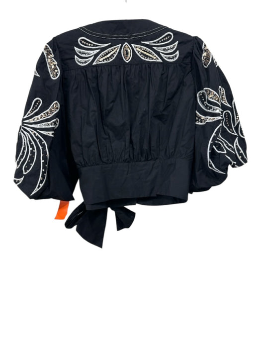 Figue Size M Black & White Cotton Embroidered Sequined Puff 3/4 Sleeve Top Black & White / M