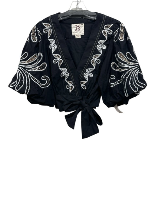 Figue Size M Black & White Cotton Embroidered Sequined Puff 3/4 Sleeve Top Black & White / M