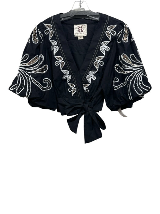 Figue Size M Black & White Cotton Embroidered Sequined Puff 3/4 Sleeve Top Black & White / M