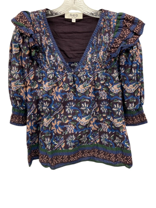 Sea New York Size M Purple, Blue, Green Cotton Short Puff Sleeve V Neck Top Purple, Blue, Green / M