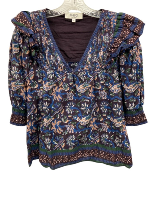 Sea New York Size M Purple, Blue, Green Cotton Short Puff Sleeve V Neck Top Purple, Blue, Green / M