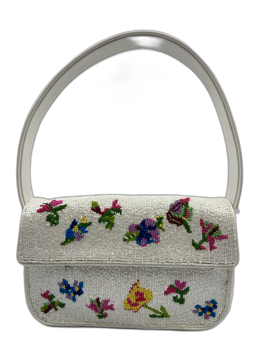 Staud White & Multi Beaded Flower Detail Snap Button Close Single Handle Bag White & Multi / S