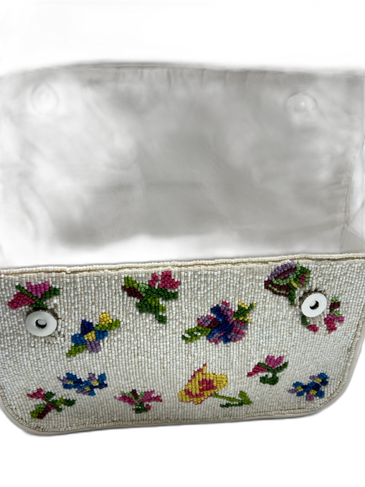 Staud White & Multi Beaded Flower Detail Snap Button Close Single Handle Bag White & Multi / S