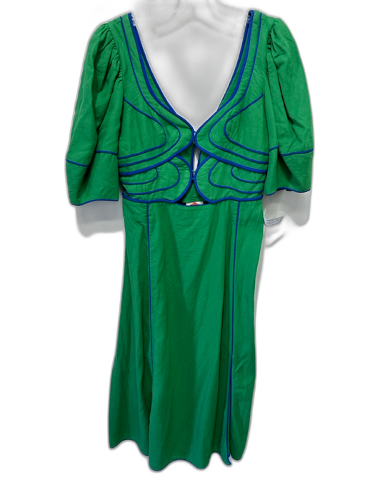 Farm Rio Size M Green & Blue Linen & Viscose Contrast Trim Cut Out Dress Green & Blue / M