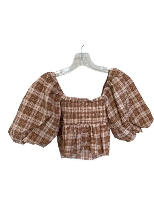 Faithful The Brand Size 4 Tan & Taupe Cotton 3/4 Balloon Sleeve Plaid Peplum Top Tan & Taupe / 4