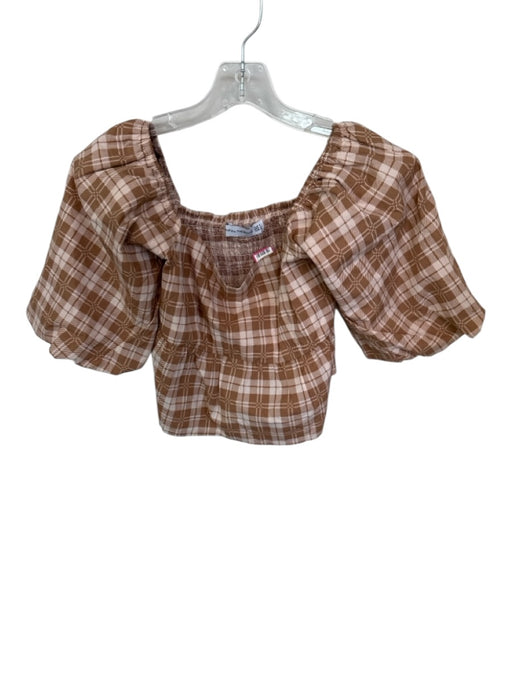 Faithful The Brand Size 4 Tan & Taupe Cotton 3/4 Balloon Sleeve Plaid Peplum Top Tan & Taupe / 4