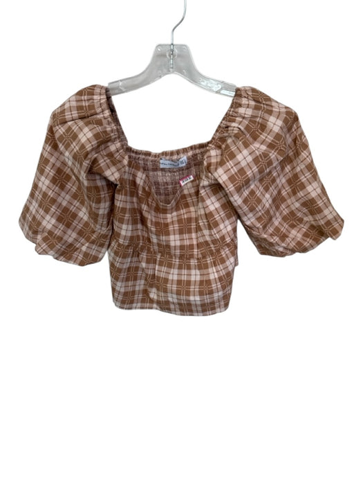 Faithful The Brand Size 4 Tan & Taupe Cotton 3/4 Balloon Sleeve Plaid Peplum Top Tan & Taupe / 4
