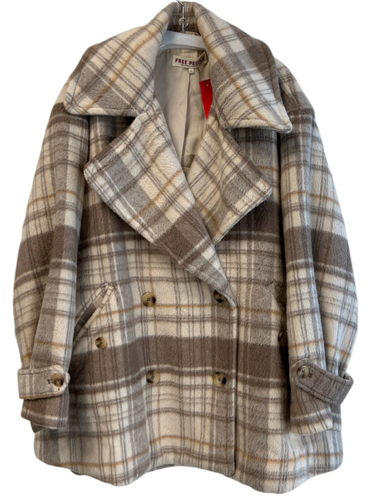 Free People Size M Beige Polyester Blend Double Breasted Plaid Front Pocket Coat Beige / M